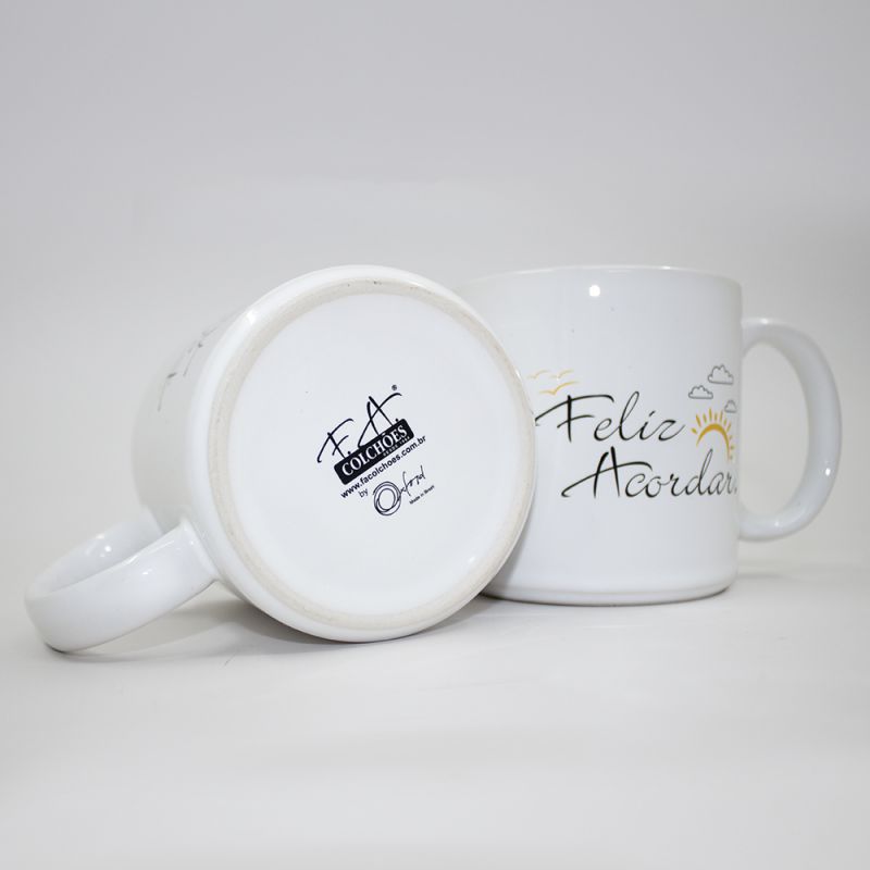 Kit 2 Canecas Brancas Feliz Acordar Oxford 360ml - F.A. Colchões