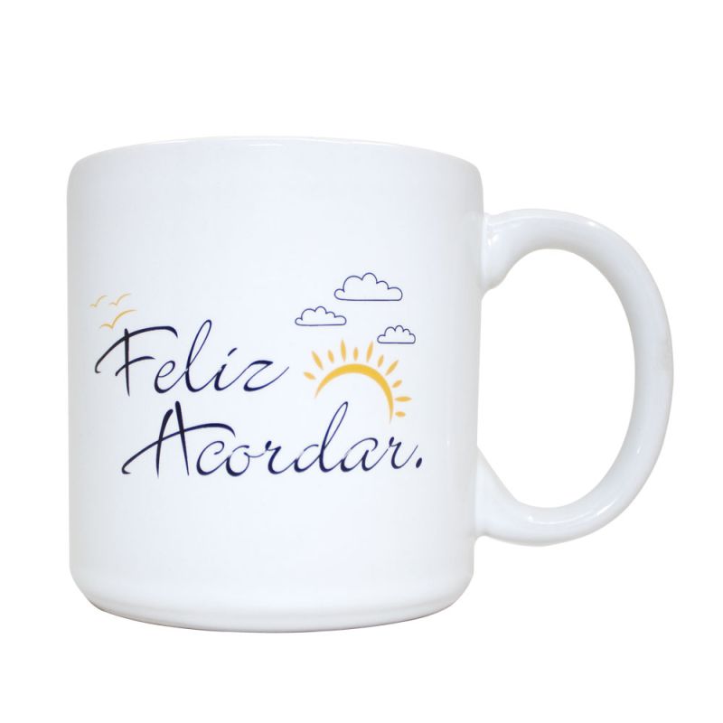 Caneca Branca Feliz Acordar Oxford 360ml - F.A. Colchões 